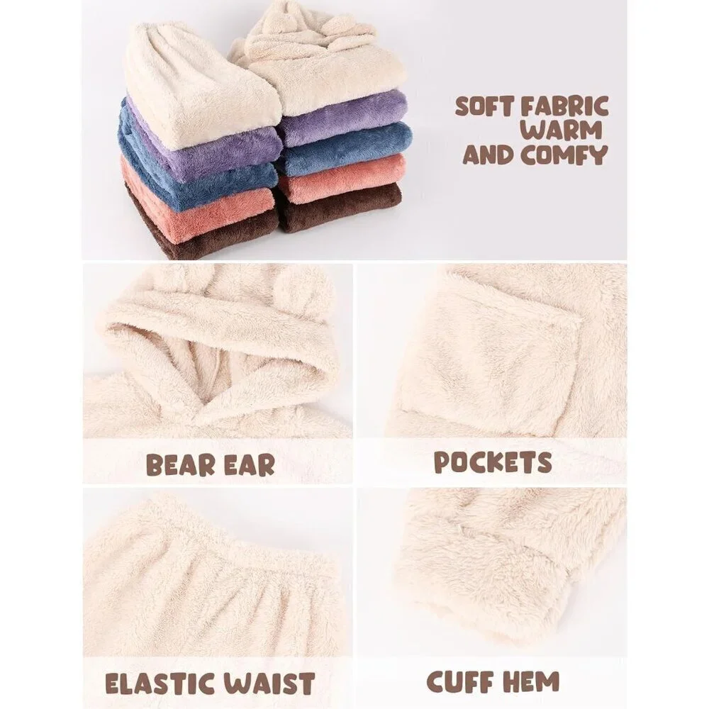Girl Pants Sets Two Pieces Outfit Kids Bear Ear Fuzzy Fluffy Hoodie Sweatshirt w